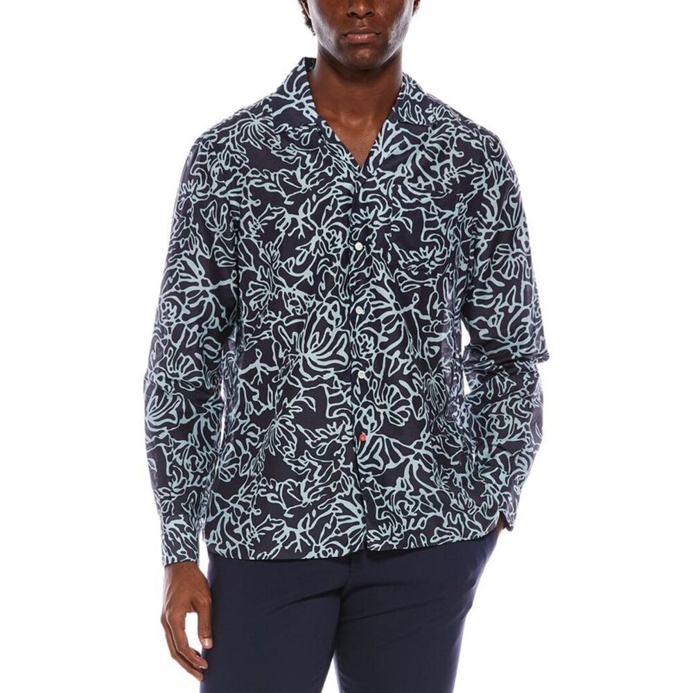 Isaia Mens Silk-Blend Sport Shirt, Blue